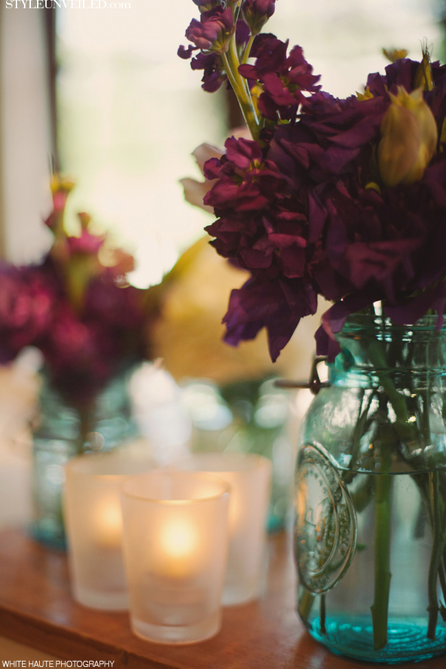 Rustic Table Decor with Mason Jars and Purple Flowers