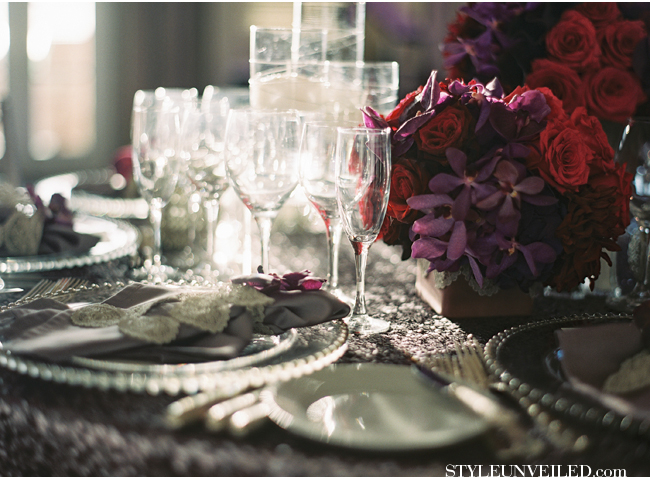 A Pretty Purple Wedding with Sparkly Linens and Doilies