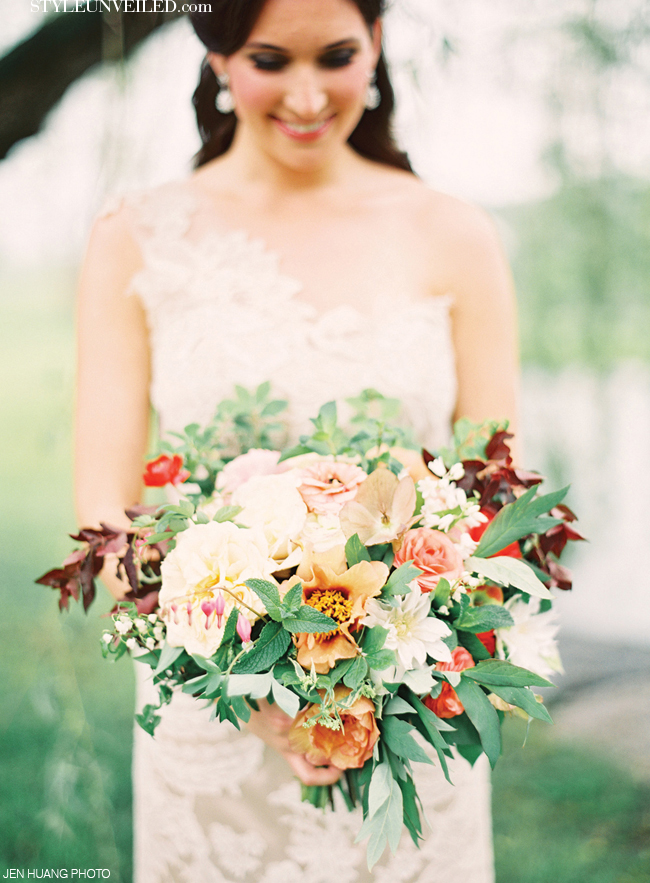 Peach, Green, and Red Bridal Bouquet