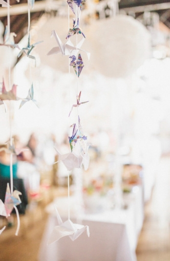 A Cascade of Pretty Paper Cranes For A Japanese Inspired Church Hall Wedding in Blue