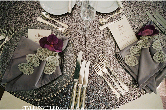 A Pretty Purple Wedding with Sparkly Linens and Doilies