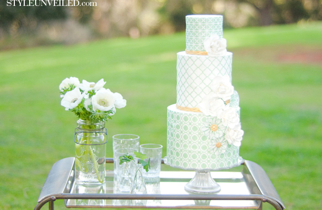 Green Patterned Wedding Cake by Hey There Cupcake