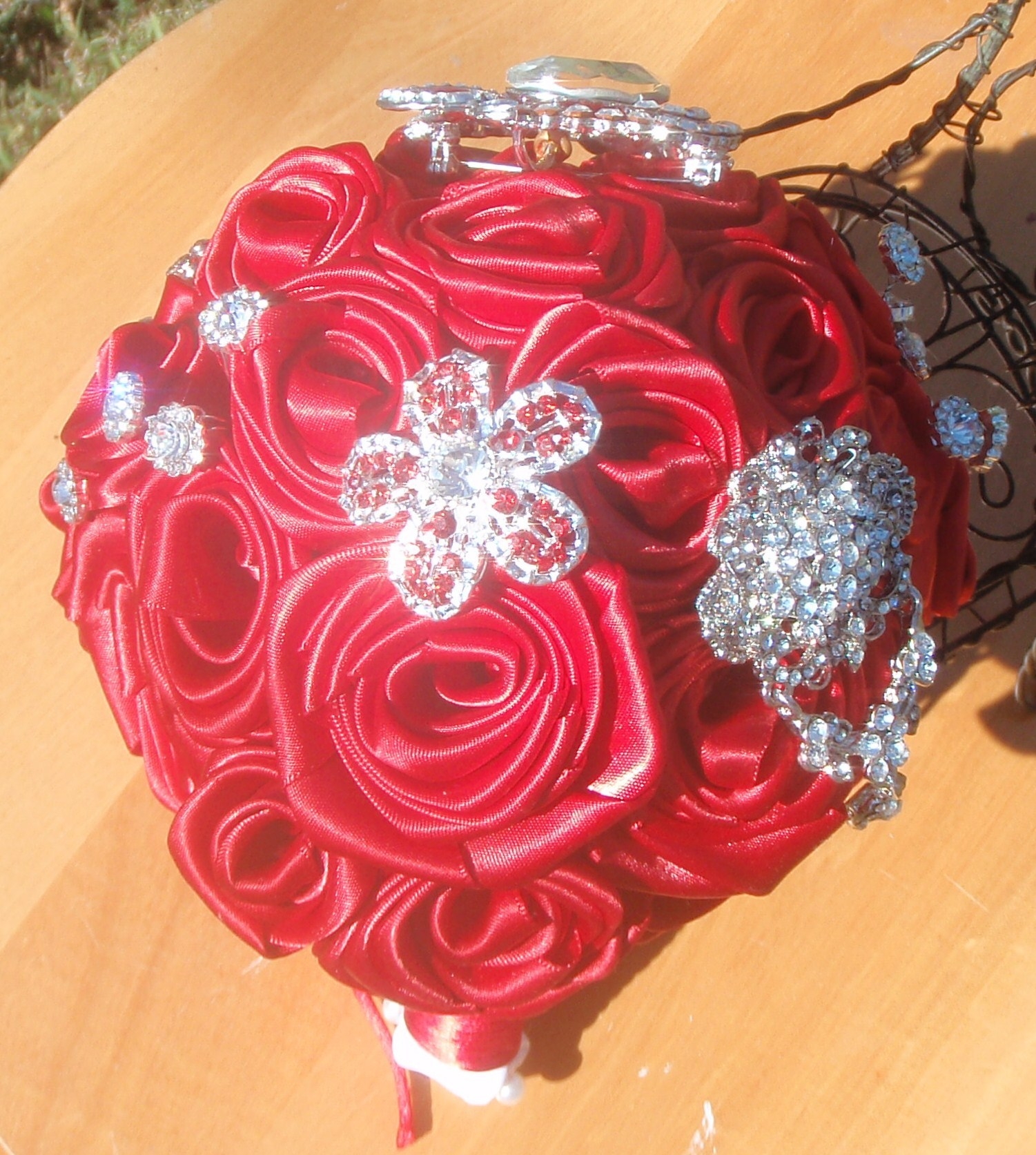 Classic Red Satin Rose Brooch Bouquet