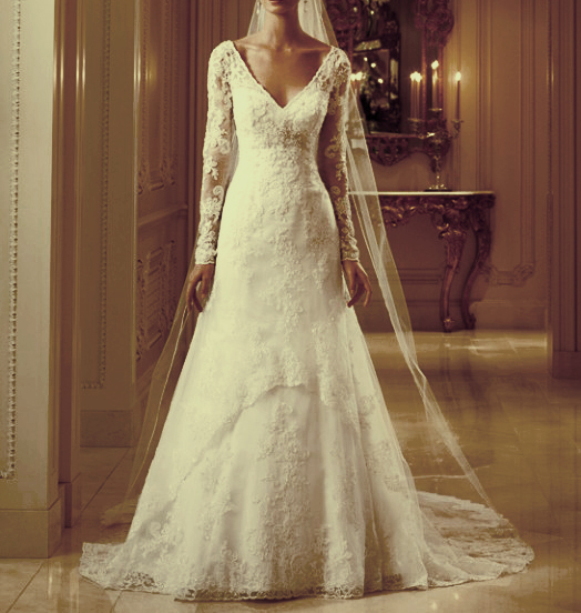 Vintage / Royal Lace V-neck bridal Dress with Sheer Long Sleeves