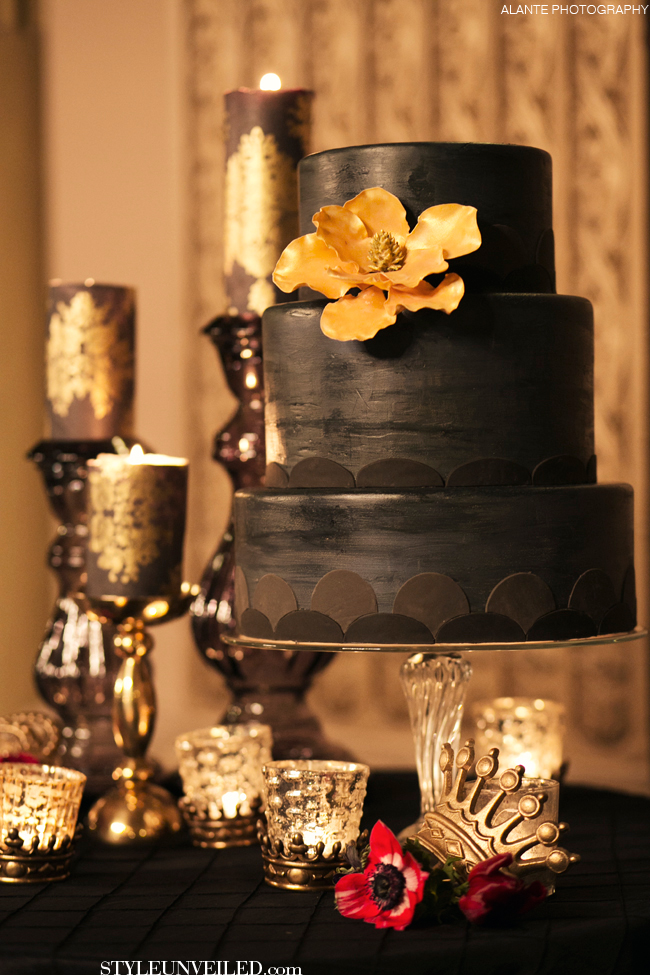 Charcoal Grey Wedding Cake with Gold Flower