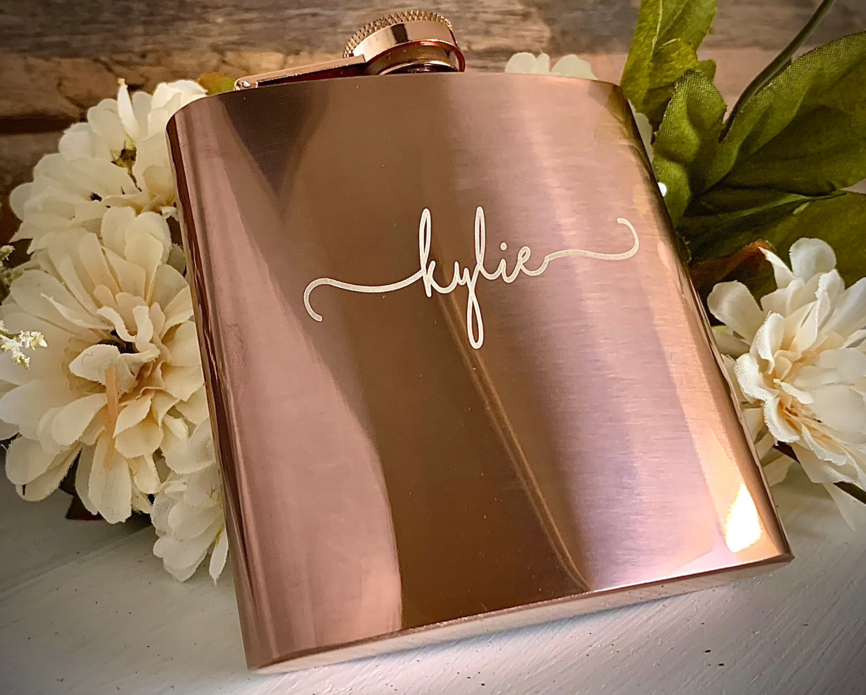 Personalized Rose Gold Flask via Etsy